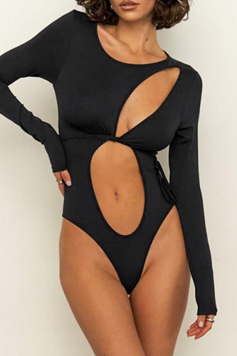 Sexy Solid Color Hollow Out Patchwork Strap Design O Neck Skinny Bodysuits