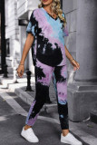 Casual Tie Dye Patchwork V Neck Half Sleeve Two Pieces