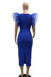 Elegant Solid Color Patchwork Slit Mesh Zipper Ruffled Trim O Neck Wrapped Skirt Dresses