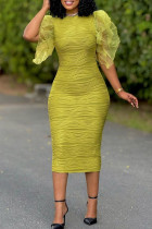 Elegant Solid Color Patchwork Slit Mesh Zipper Ruffled Trim O Neck Wrapped Skirt Dresses