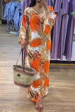 Elegant Print Patchwork Slit V Neck Long Dresses