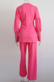 Casual Solid Color Patchwork Slit O Neck Long Sleeve Two Pieces