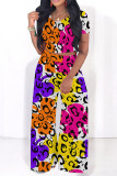 Casual Geometric Print Leopard Print Contrast O Neck Short Sleeve Two Pieces
