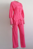 Casual Solid Color Patchwork Slit O Neck Long Sleeve Two Pieces