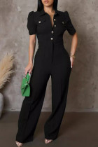 Casual Solid Color Pocket Buckle Patchwork Turndown Collar Regular Jumpsuits(the buttons are subject to the actual)