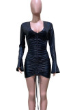Sexy Solid Color Sequins Draw String Patchwork Zipper Deep V Neck Wrapped Skirt Dresses