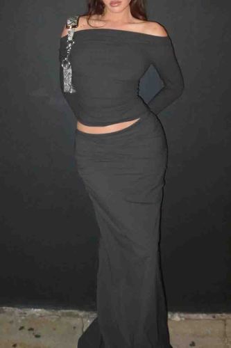 Elegant Solid Color Patchwork Oblique Collar Long Sleeve Two Pieces