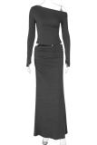 Elegant Solid Color Patchwork Oblique Collar Long Sleeve Two Pieces