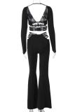 Sexy Solid Color Hollow Out Patchwork Deep V Neck Long Sleeve Two Pieces