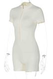 Sexy Solid Color Patchwork Zipper Zipper Collar Skinny Rompers