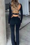 Sexy Solid Color Hollow Out Patchwork Deep V Neck Long Sleeve Two Pieces