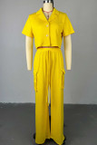 Casual Solid Color Pocket Lace Up Buckle Patchwork Turndown Collar Short Sleeve Two Pieces