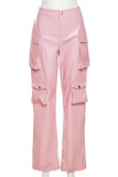 Casual Solid Color Pocket Straight High Waist Conventional Solid Color Trousers