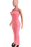 Street Solid Color Pocket Buckle Patchwork Turndown Collar Sleeveless Regular Denim Jumpsuits