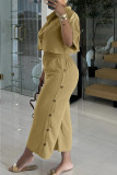 Casual Solid Color Buckle Patchwork Turndown Collar Half Sleeve Two Pieces