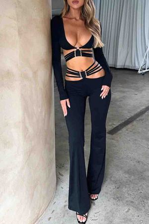 Sexy Solid Color Hollow Out Patchwork Deep V Neck Long Sleeve Two Pieces