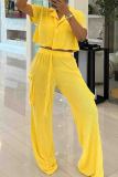 Casual Solid Color Pocket Lace Up Buckle Patchwork Turndown Collar Short Sleeve Two Pieces