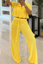 Casual Solid Color Pocket Lace Up Buckle Patchwork Turndown Collar Short Sleeve Two Pieces
