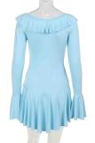 Sexy Solid Color Patchwork Strap Design Ruffled Trim V Neck Irregular Dresses