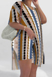 Casual Street Leopard Print Chain print Slit Contrast V Neck Short Sleeve Two Pieces