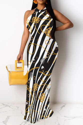 Elegant Striped Print Flowers Contrast O Neck One Step Skirt Dresses