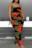 Casual Print Pocket Patchwork Backless Spaghetti Strap Loose Jumpsuits