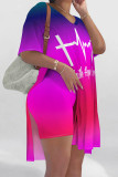 Casual Gradient Print Stripe Letters Slit V Neck Short Sleeve Two Pieces