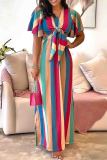 Elegant Stripe Patchwork Strap Design O Neck Long Dresses