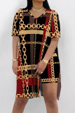 Casual Street Leopard Print Chain print Slit Contrast V Neck Short Sleeve Two Pieces
