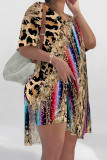 Casual Street Leopard Print Chain print Slit Contrast V Neck Short Sleeve Two Pieces