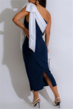 Casual Patchwork Slit Contrast Oblique Collar One Step Skirt Dresses