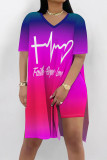Casual Gradient Print Stripe Letters Slit V Neck Short Sleeve Two Pieces