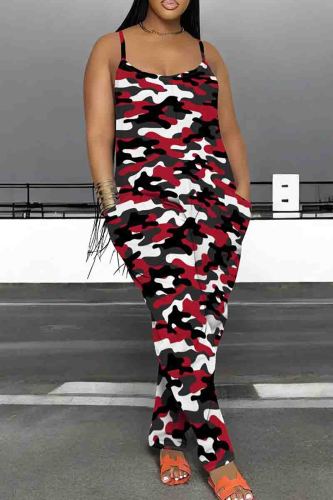 Casual Print Patchwork Backless Spaghetti Strap Loose Jumpsuits