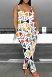 Casual Print Patchwork Backless Spaghetti Strap Loose Jumpsuits