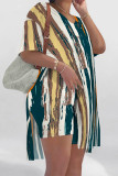 Casual Gradient Print Stripe Letters Slit V Neck Short Sleeve Two Pieces