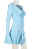 Sexy Solid Color Patchwork Strap Design Ruffled Trim V Neck Irregular Dresses