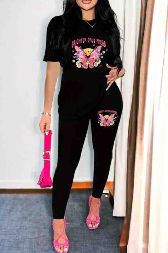 Casual Print Patchwork O Neck Short Sleeve Two Pieces