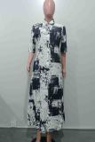 Elegant Print Pocket Buckle Patchwork Turndown Collar Long Dresses