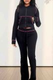 Casual Solid Color Draw String Pocket Patchwork Zipper Zipper Collar Long Sleeve Two Pieces