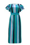 Elegant Colorblock Patchwork Strap Design Ruffled Trim O Neck A Line Plus Size Dresses