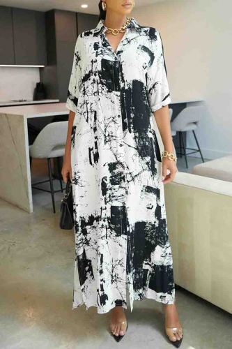 Elegant Print Pocket Buckle Patchwork Turndown Collar Long Dresses