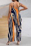 Sexy Street Geometric Print Stripe Pocket Contrast V Neck Boot Cut Jumpsuits