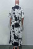 Elegant Print Pocket Buckle Patchwork Turndown Collar Long Dresses