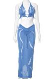 Sexy Solid Color Draw String Patchwork Backless Halter Sleeveless Two Pieces
