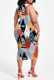 Casual Geometric Print Floral Print Contrast O Neck Printed Plus Size Dresses