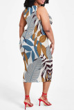Casual Geometric Print Floral Print Contrast O Neck Printed Plus Size Dresses