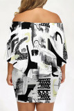Sexy Geometric Print Irregular Contrast Off Shoulder Printed Plus Size Dresses
