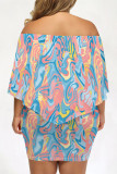 Casual Striped Print Irregular Contrast Off Shoulder Printed Plus Size Dresses