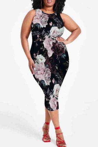 Casual Print Patchwork O Neck Wrapped Skirt Plus Size Dresses