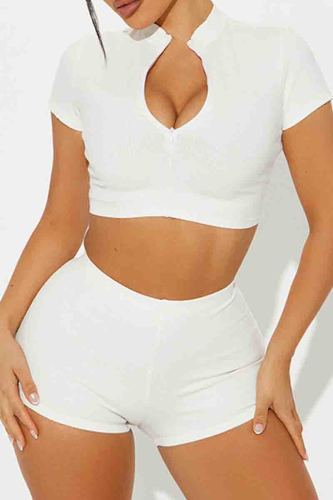 Sexy Solid Color Patchwork Zipper Zipper Collar Short Sleeve Two Pieces